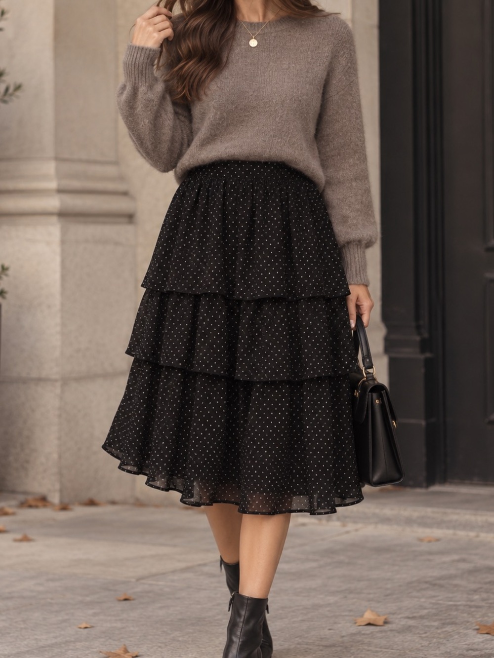 J.Crew Black Flocked Dot Tiered Ruffle Midi Skirt Small